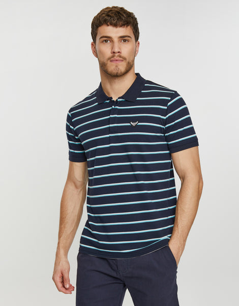 Men's Navy Blue Stripe Rib Collar Short Sleeve Pique Polo Shirt ...