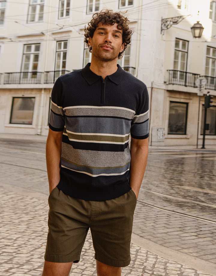 Navy Striped Quarter Zip Knitted Polo