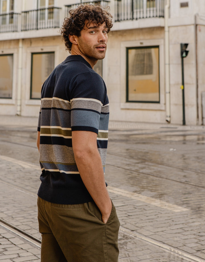 Navy Striped Quarter Zip Knitted Polo