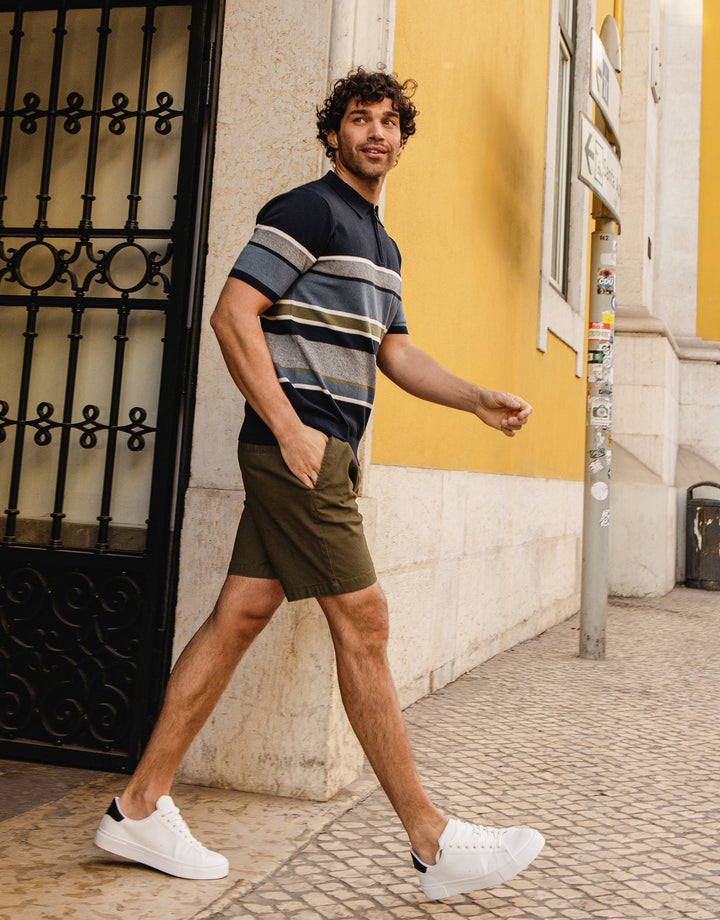 Navy Striped Quarter Zip Knitted Polo