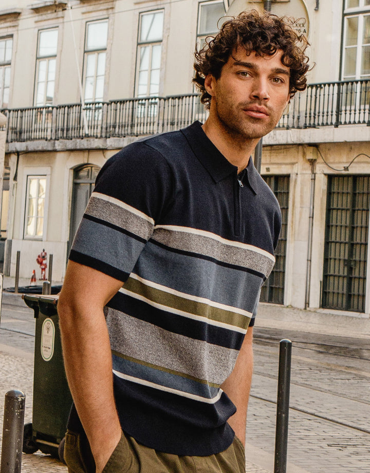 Navy Striped Quarter Zip Knitted Polo