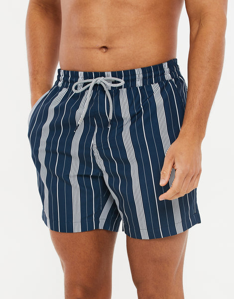 Men's Navy Blue Striped Swim Shorts Swimwear – Threadbare