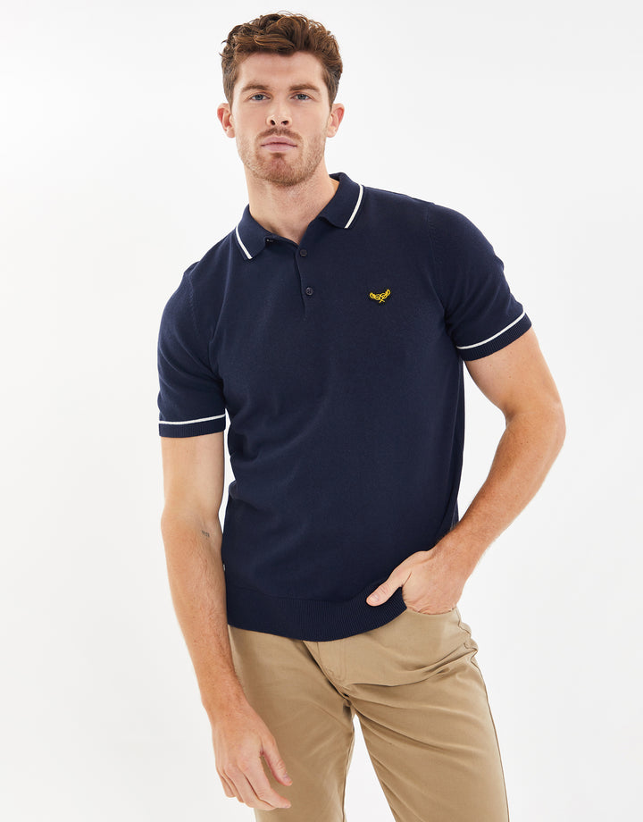 Navy Tipping Button Collar Knitted Polo