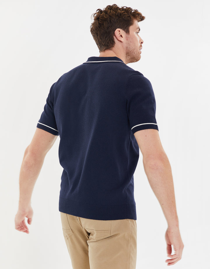 Navy Tipping Button Collar Knitted Polo