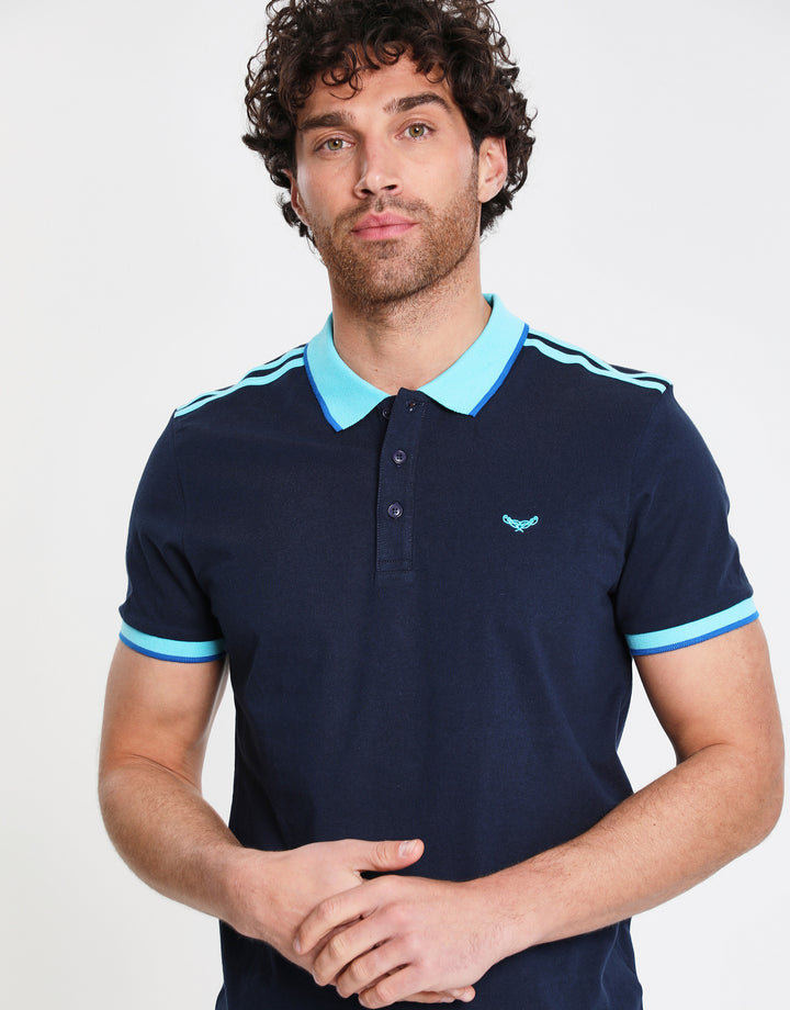 Navy Tonal Rib Collar Polo Shirt