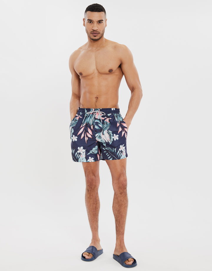 Navy Tropical Floral Print Swim Shorts