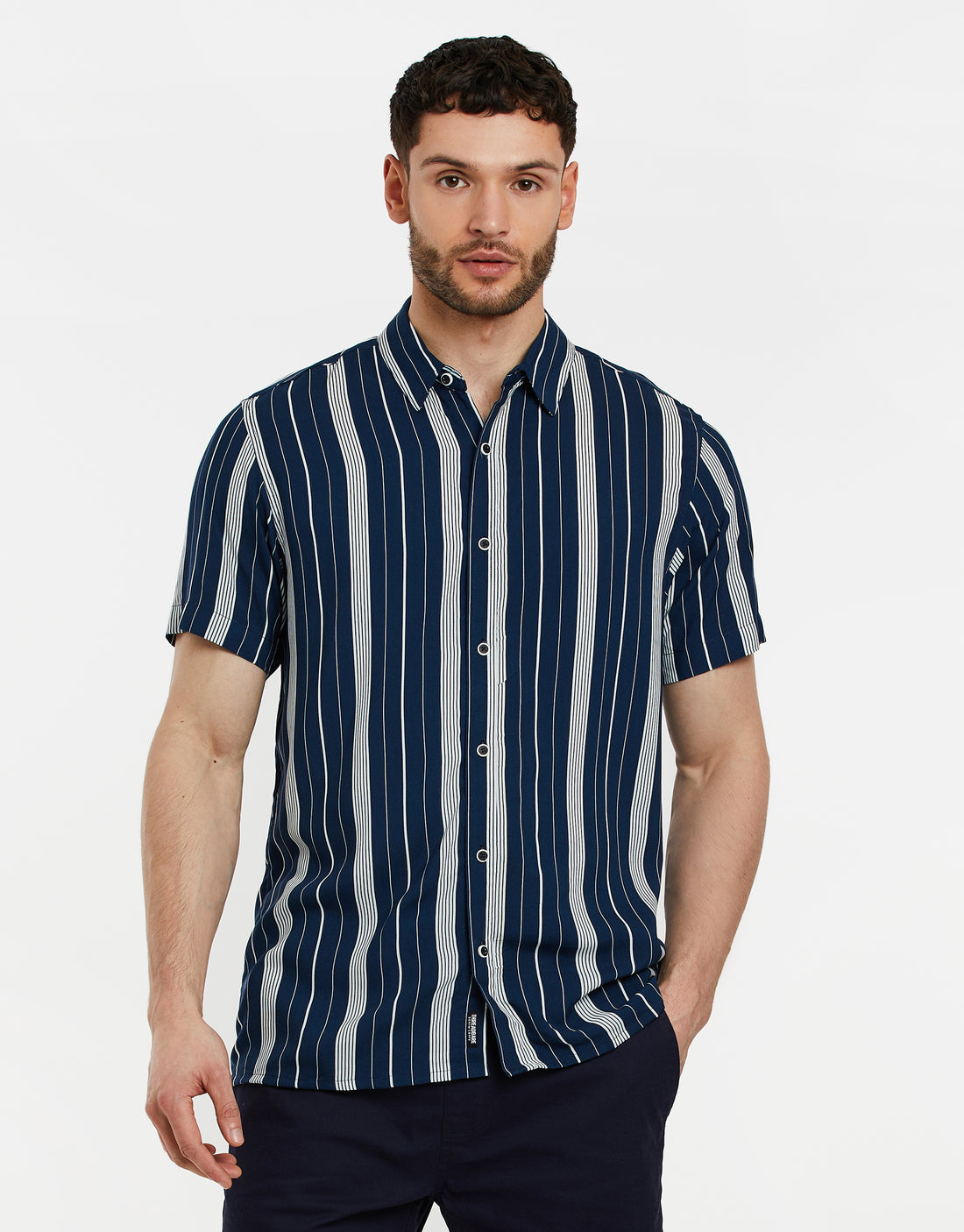 Men's Navy Blue Vertical Striped Short Sleeve Casual Shirt – Threadbare