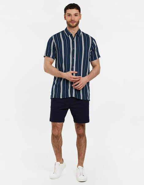 Men's Navy Blue Vertical Striped Short Sleeve Casual Shirt – Threadbare