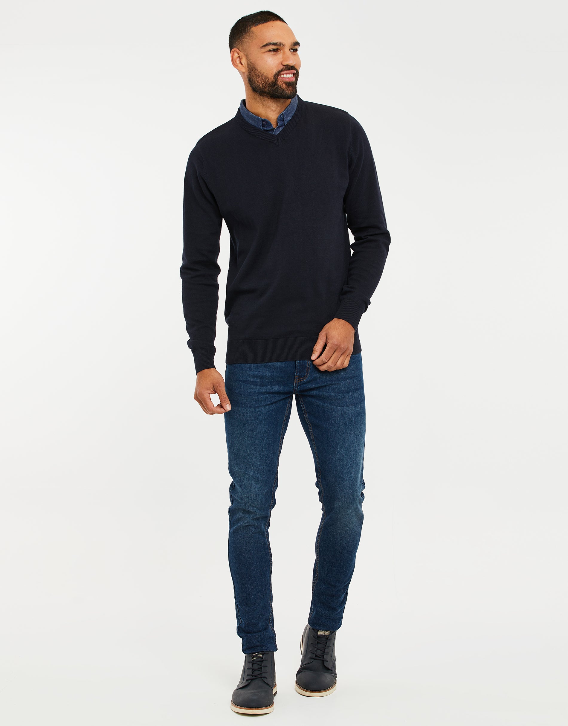 Threadbare Men's Navy Blue Waffle Knit V Neck Mock Shirt 12GG