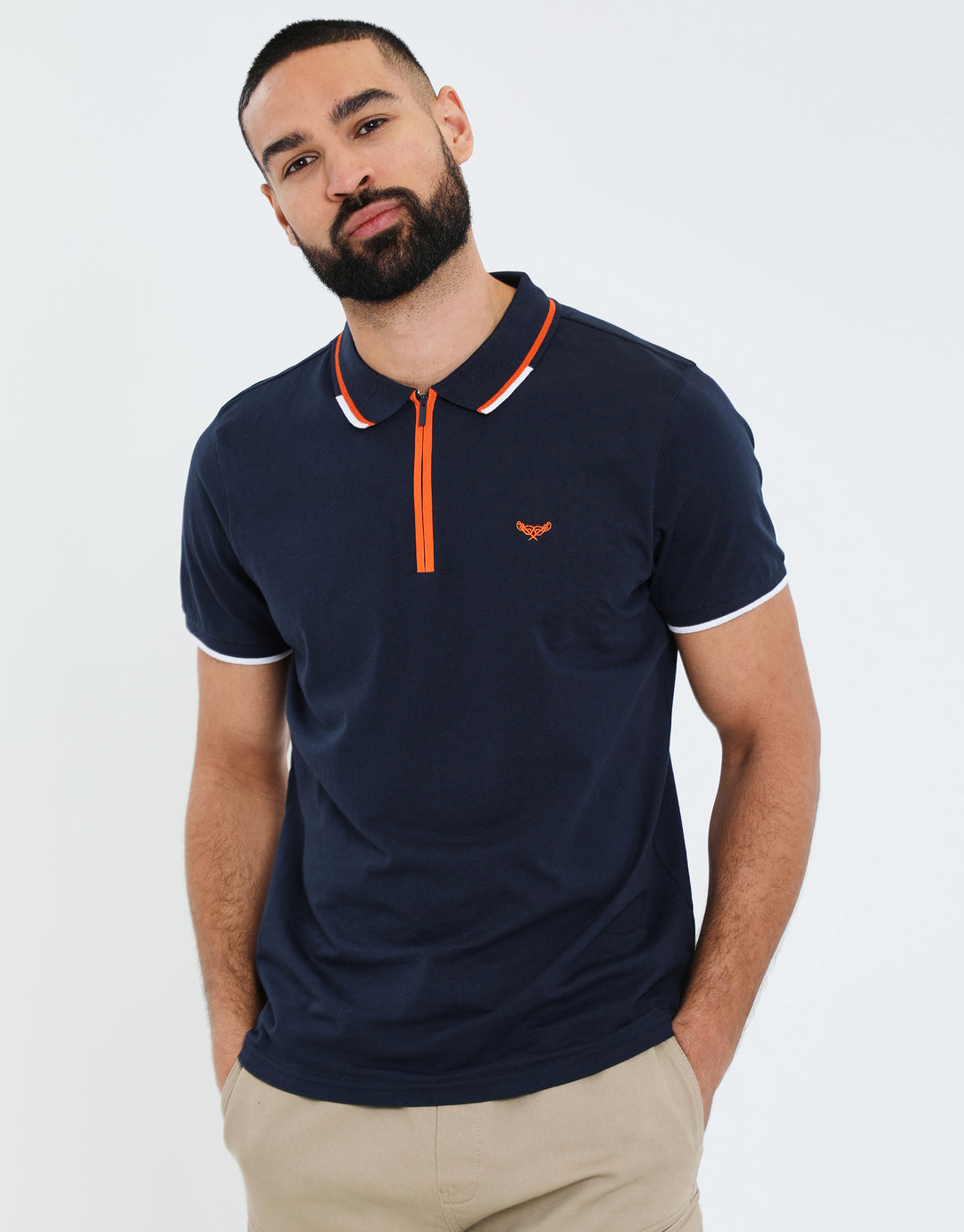 Navy Contrast Orange Zip Collar Polo Shirt