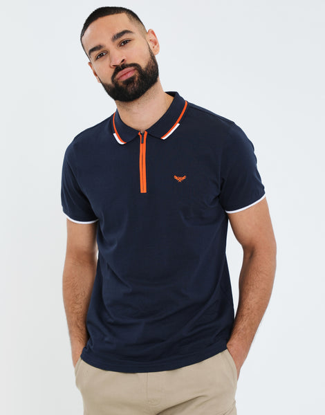 Men's Navy Contrast Orange Zip Collar Short Sleeve Jersey Polo Shirt ...