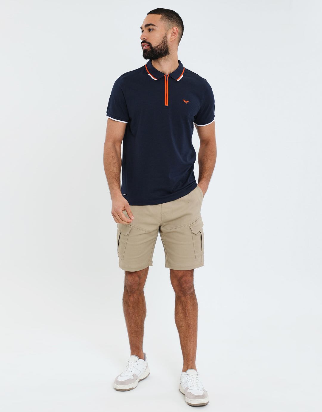 Navy Contrast Orange Zip Collar Polo Shirt