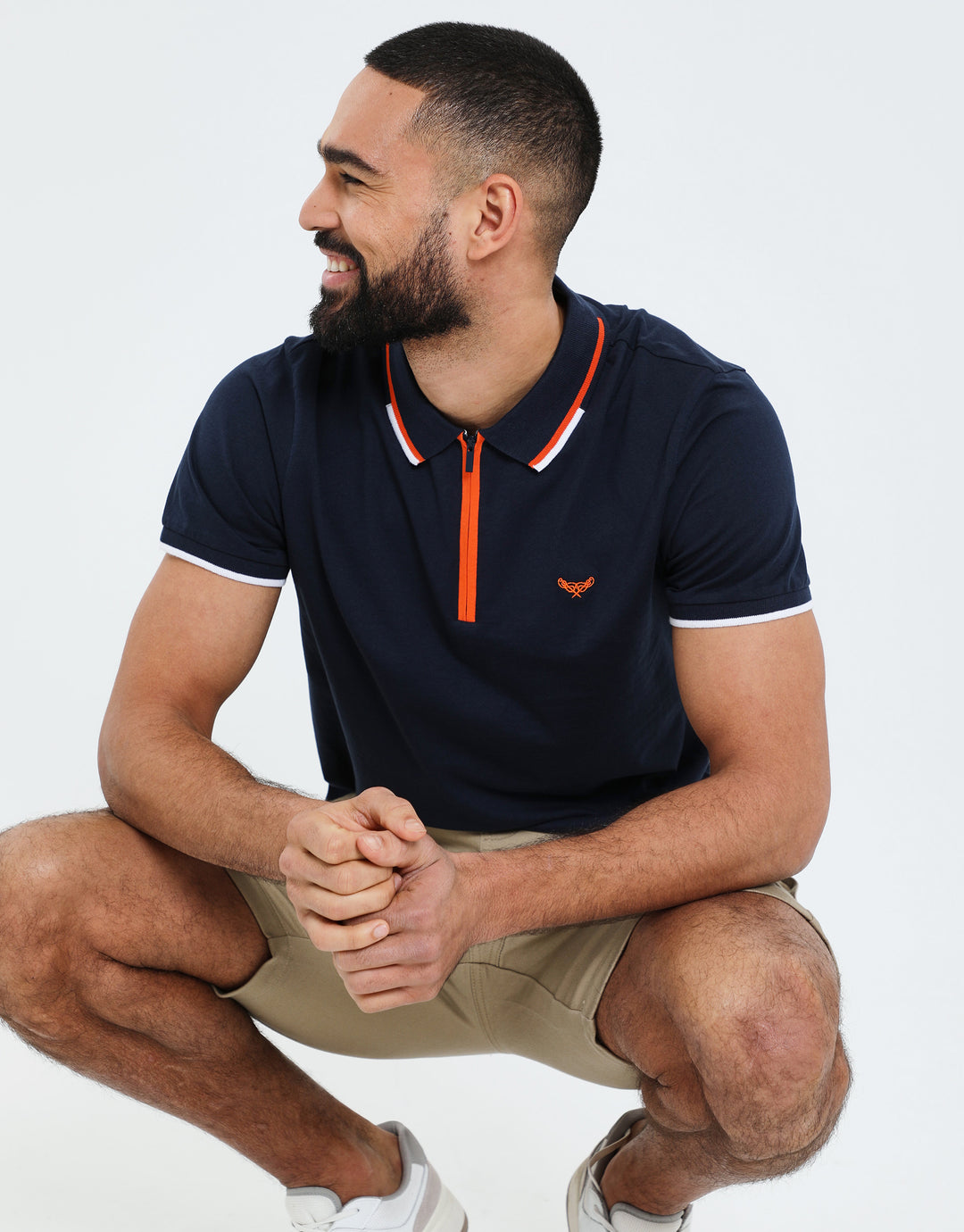 Navy Contrast Orange Zip Collar Polo Shirt