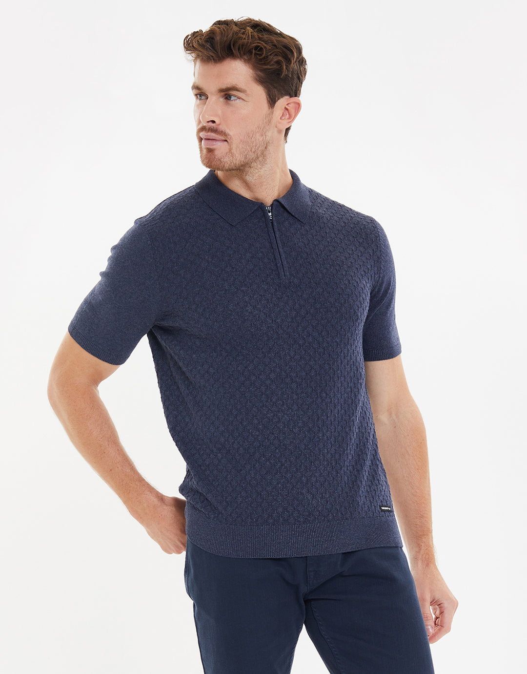 Navy Marl Textured Quarter Zip Knitted Polo