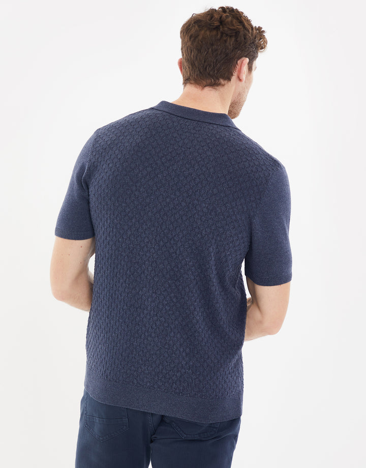 Navy Marl Textured Quarter Zip Knitted Polo
