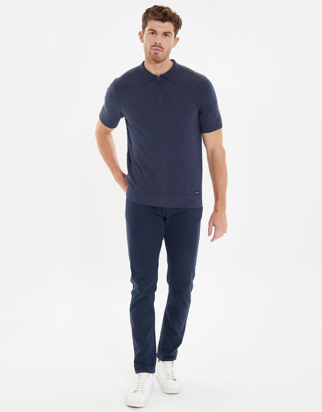 Navy Marl Textured Quarter Zip Knitted Polo