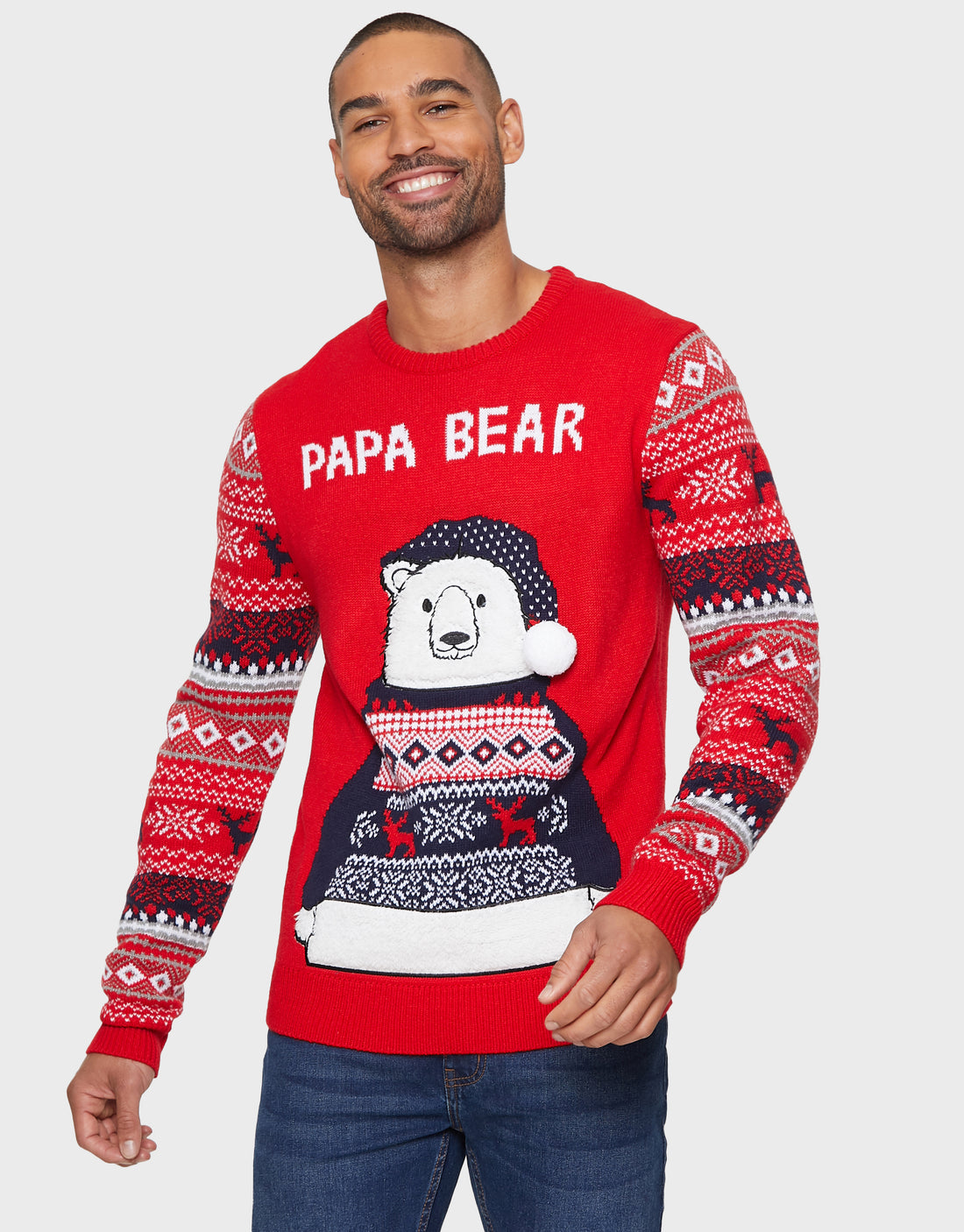 Men s Red Crew Neck Raglan Fairisle Polar Bear Graphic Knitted