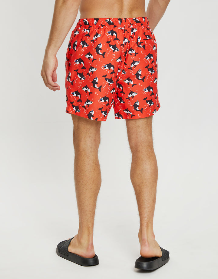 Red Killer Whale Print Swim Shorts