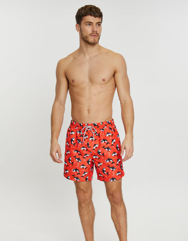Red Killer Whale Print Swim Shorts
