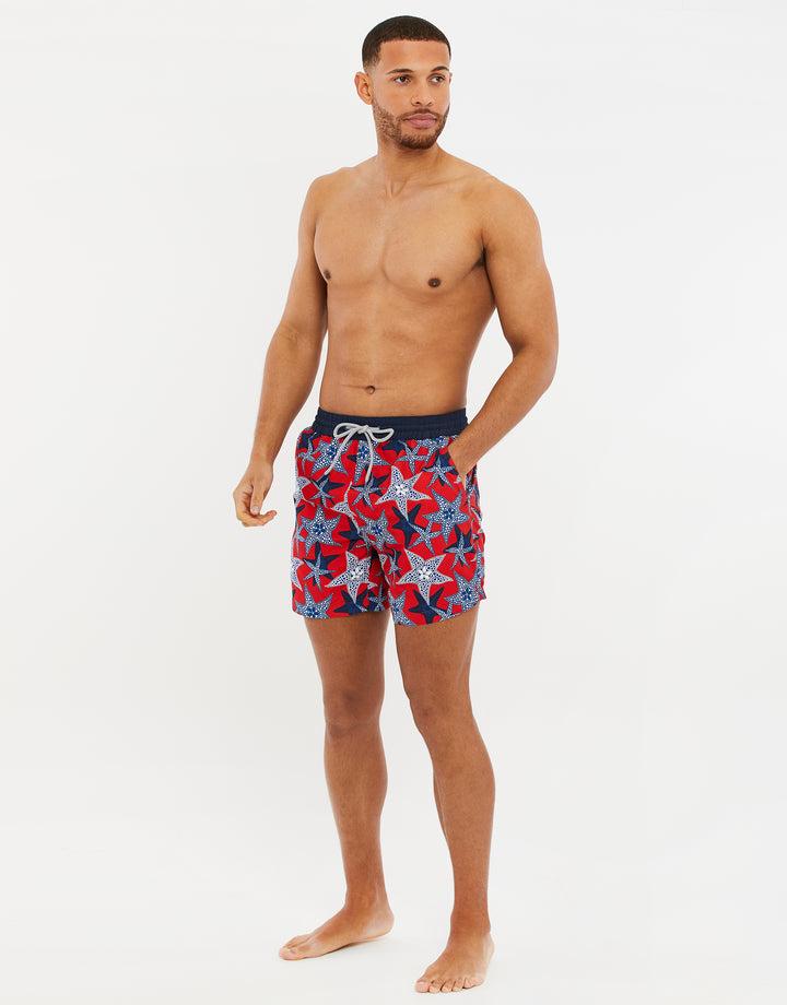 Red Starfish Print Swim Shorts