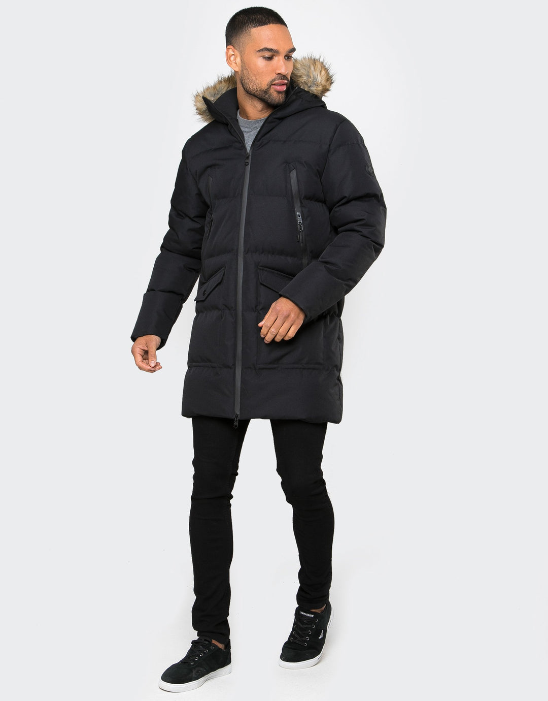Renfield Black Plain Padded Long Line Jacket