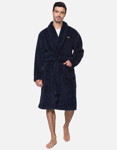Men's Navy Blue Teddy Dressing Gown Loungewear Robe – Threadbare