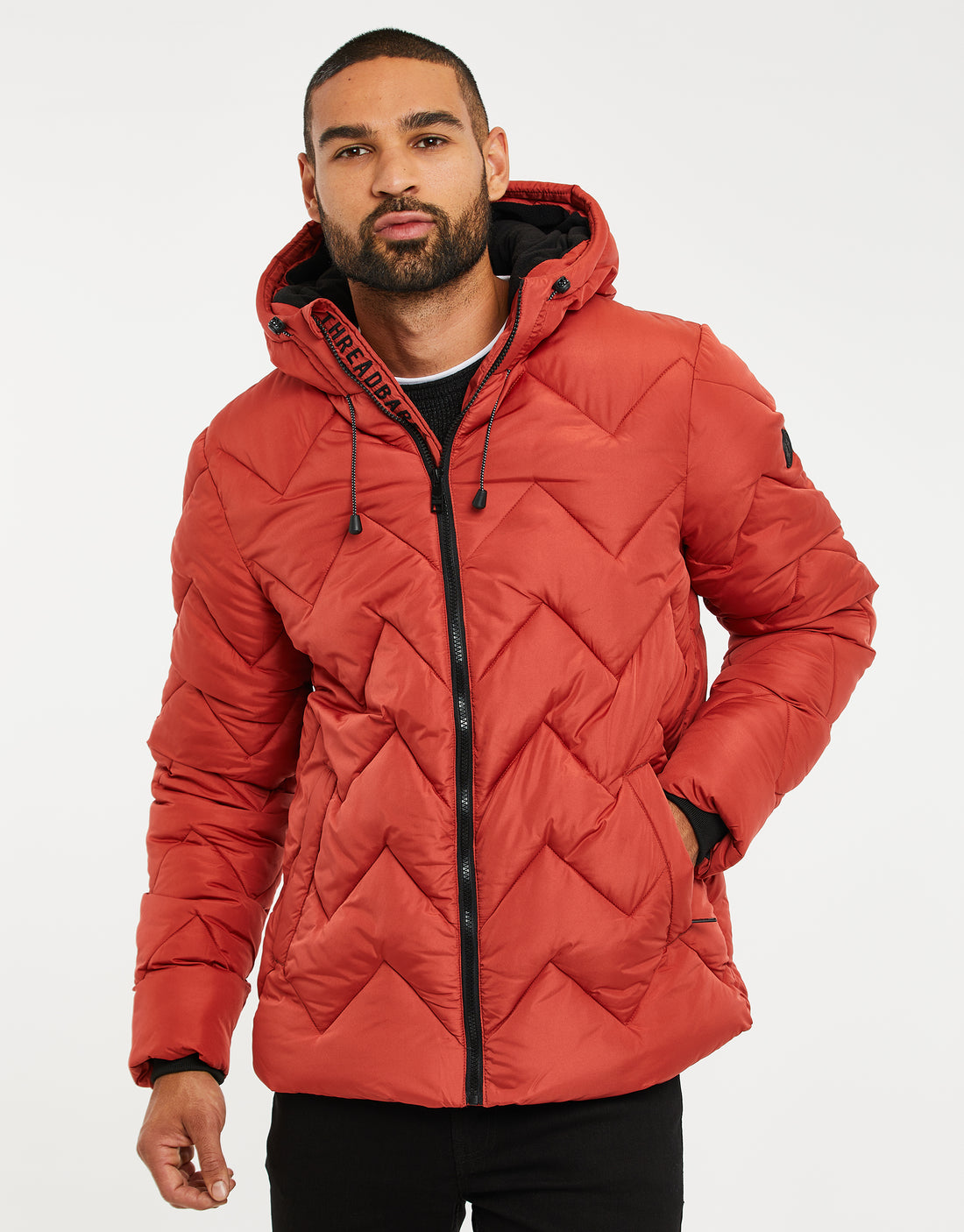 Men's Rust Orange Zig Zag Quilted Padded Hooded Zip-Through Jacket ...