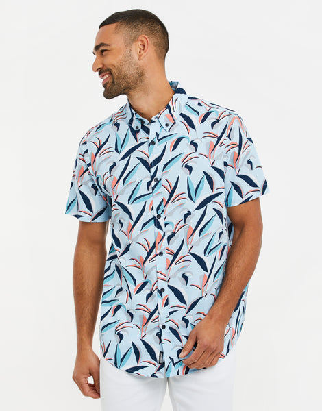 Men's Sky Blue Tropical Leaf Print Short Sleeve Casual Shirt – Threadbare