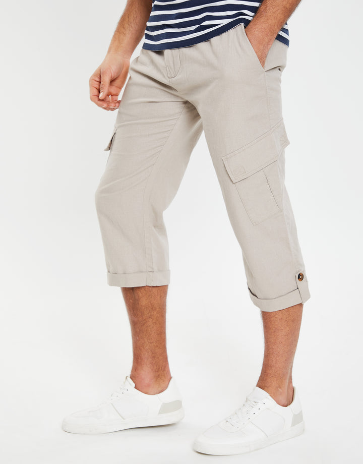 Stone 3/4 Length Linen Blend Cargo Trousers