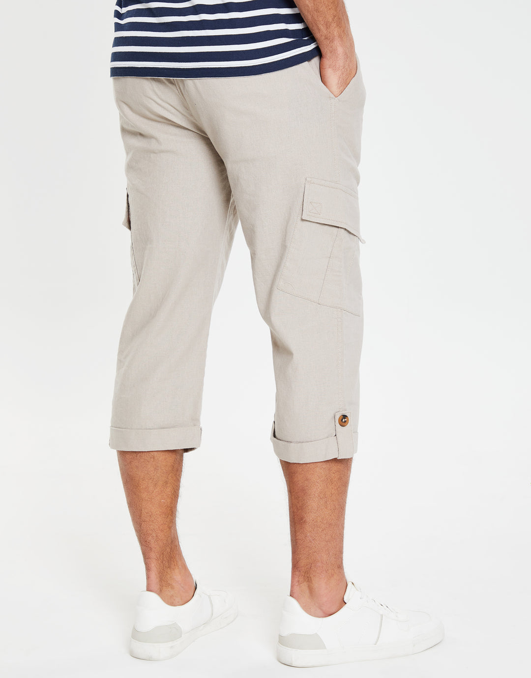 Stone 3/4 Length Linen Blend Cargo Trousers