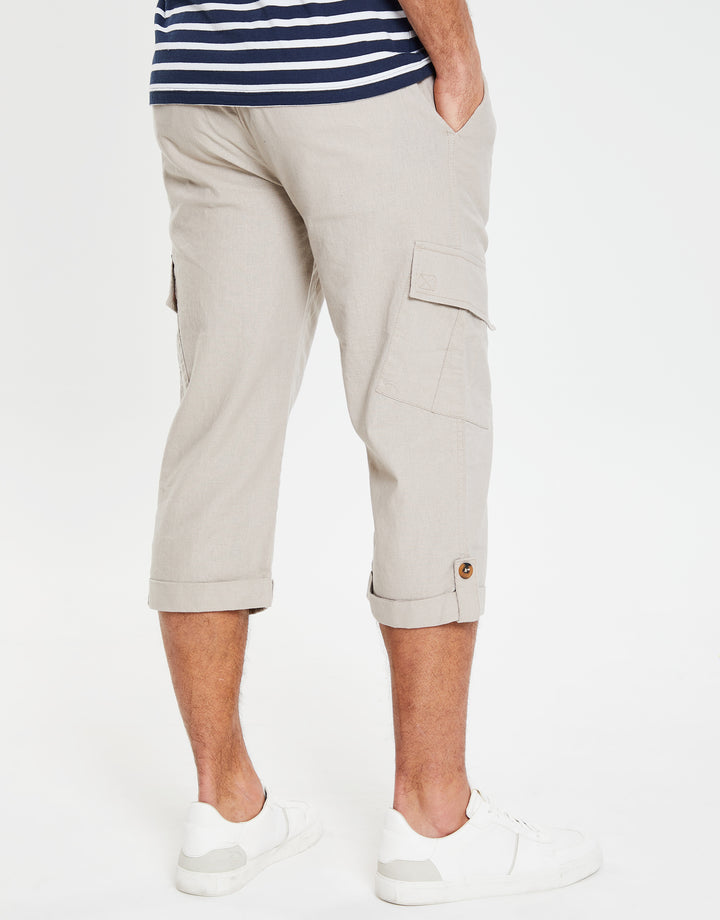 Stone 3/4 Length Linen Blend Cargo Trousers