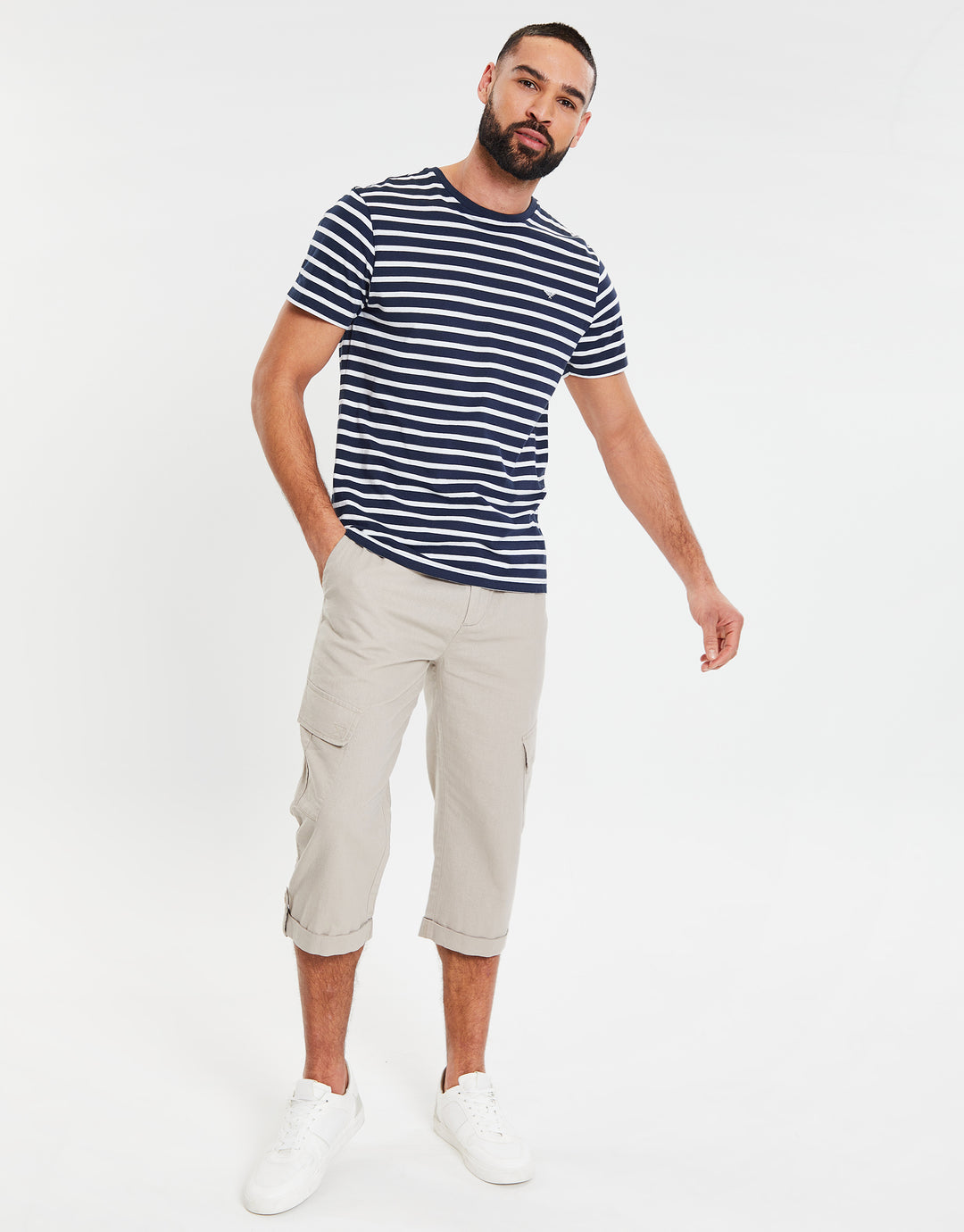 Stone 3/4 Length Linen Blend Cargo Trousers