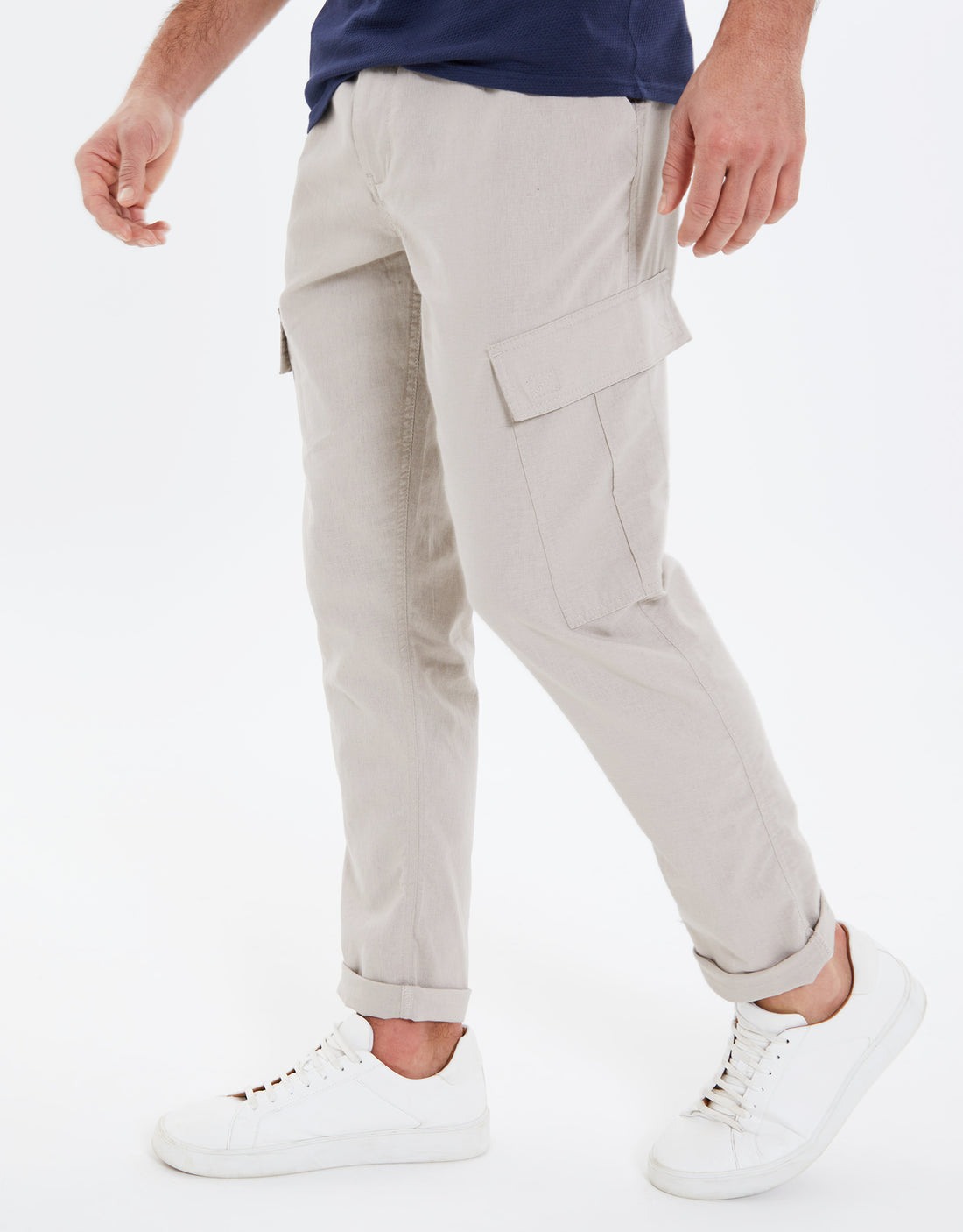 Men's Stone Linen Mix Regular Fit Cargo Trousers – Threadbare