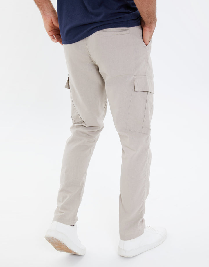 Stone Linen Mix Cargo Trousers