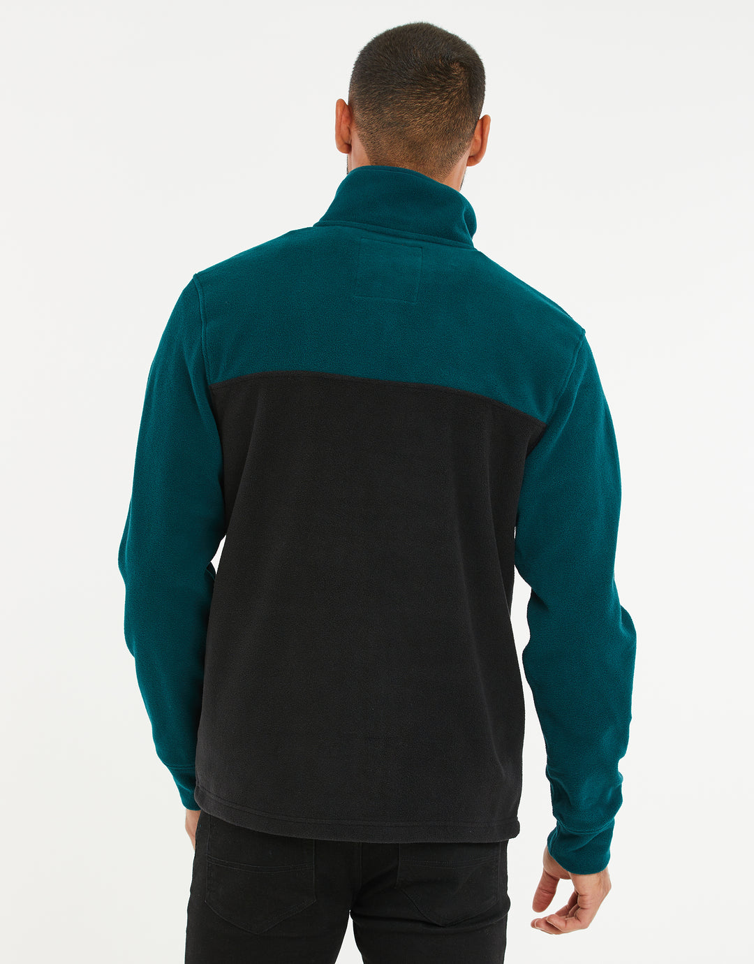 Teal Green & Black Colourblock Quarter Zip Fleece