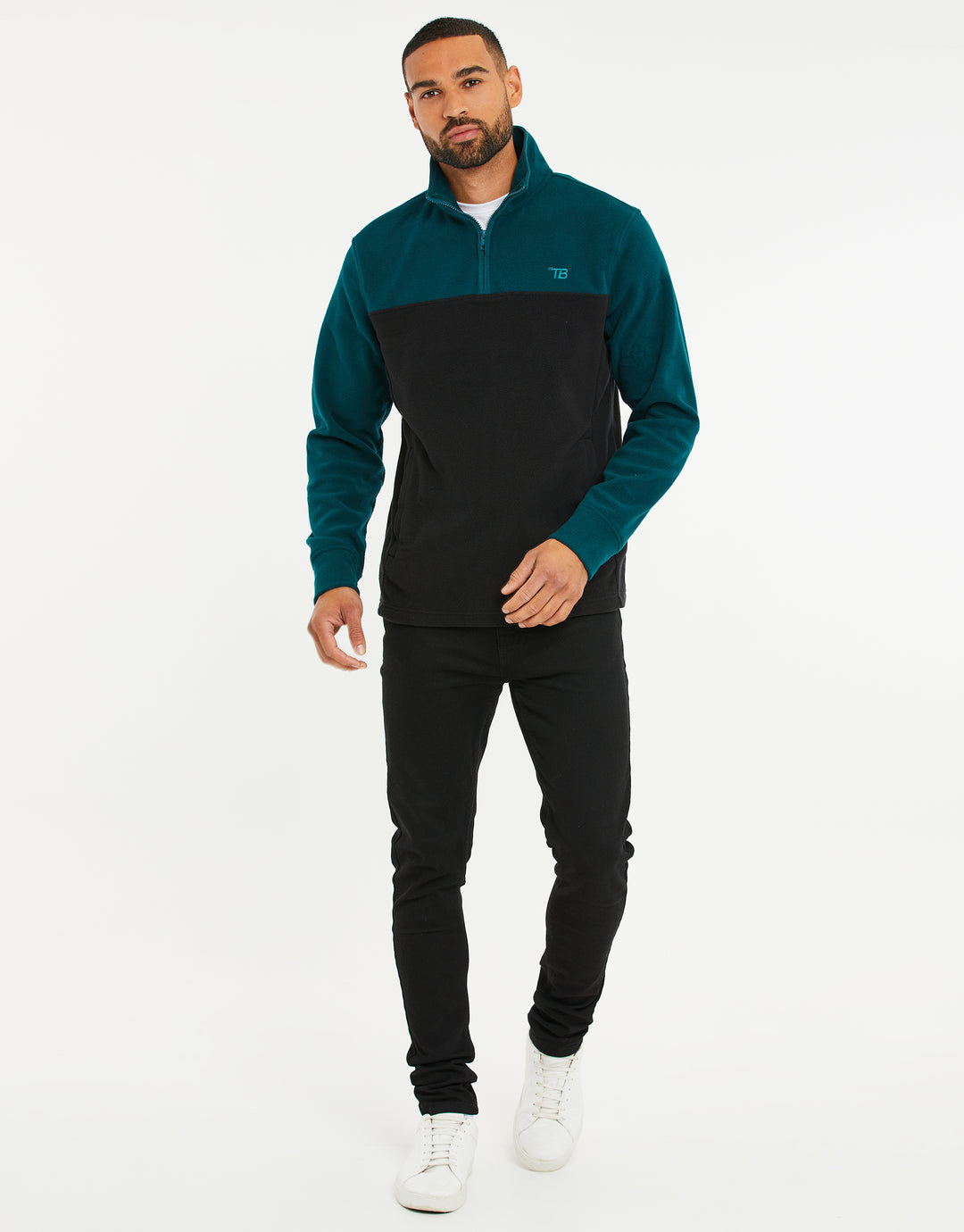 Teal Green & Black Colourblock Quarter Zip Fleece