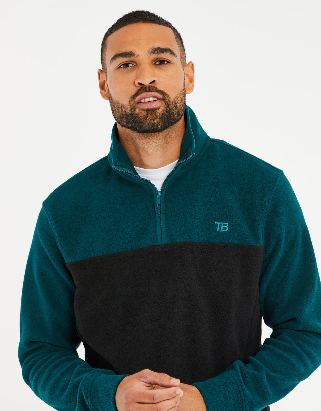 Teal Green & Black Colourblock Quarter Zip Fleece
