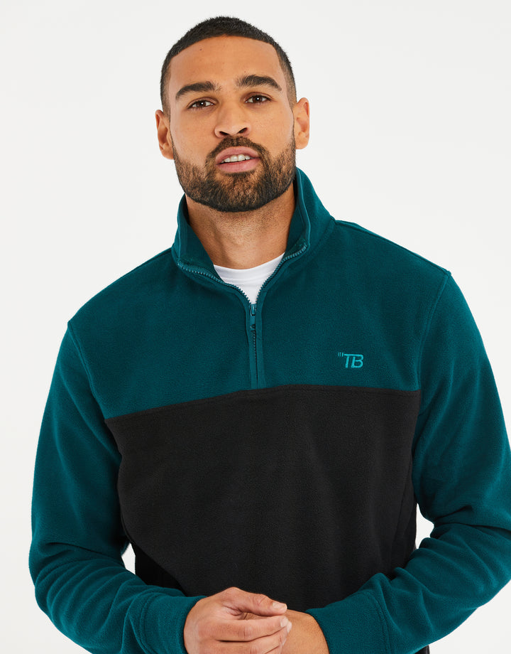 Teal Green & Black Colourblock Quarter Zip Fleece