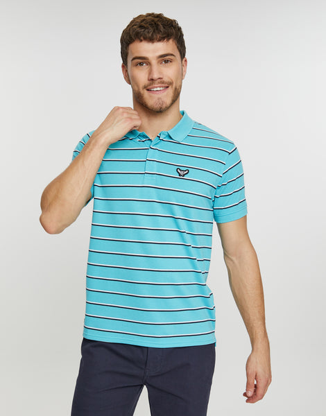 Men's Turquoise Sea Blue Stripe Rib Collar Short Sleeve Pique Polo ...