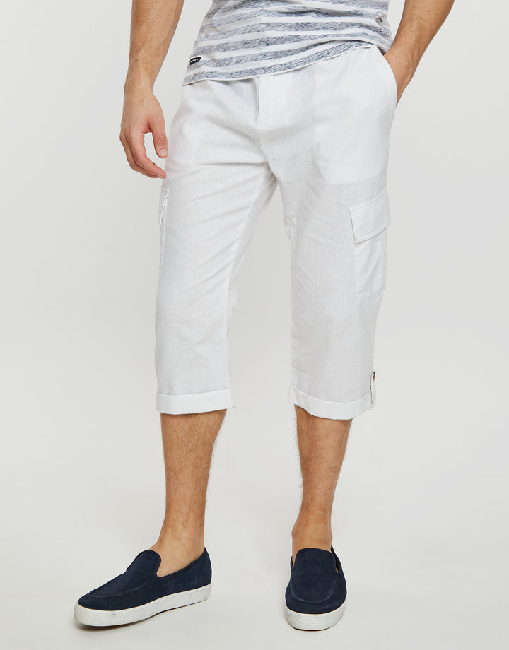 White 3/4 Length Linen Blend Cargo Trousers