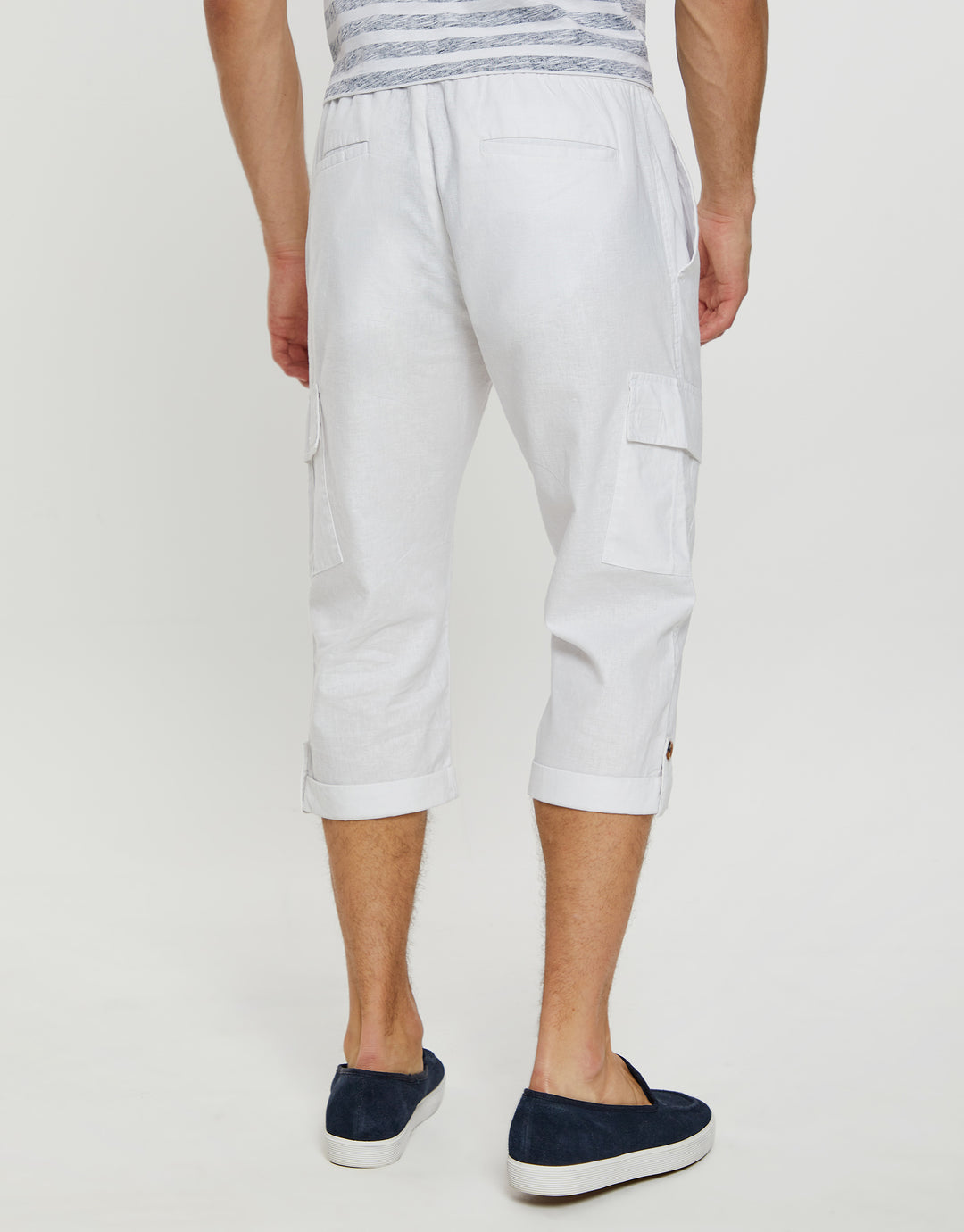 White 3/4 Length Linen Blend Cargo Trousers