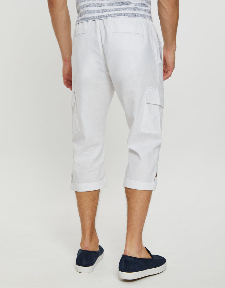 White 3/4 Length Linen Blend Cargo Trousers