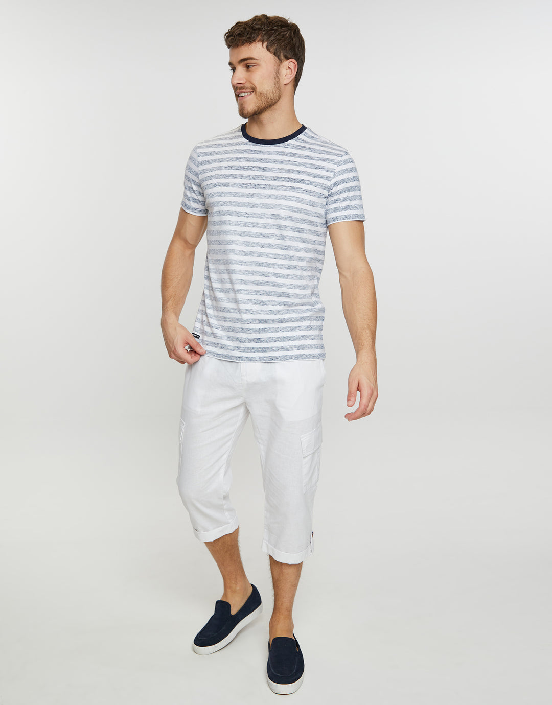 White 3/4 Length Linen Blend Cargo Trousers