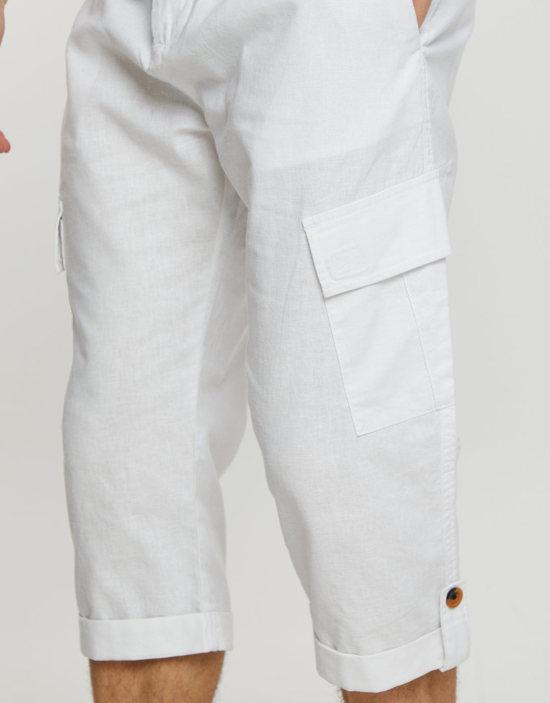 White 3/4 Length Linen Blend Cargo Trousers