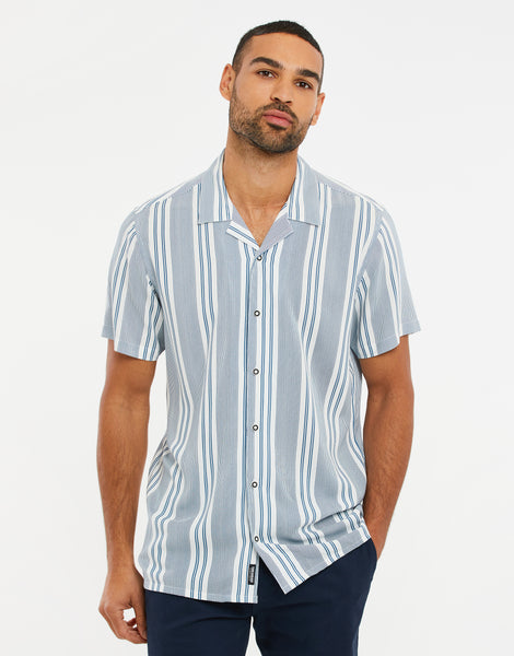 Men's White & Blue Colourblock Striped Short Sleeve Casual Shirt ...