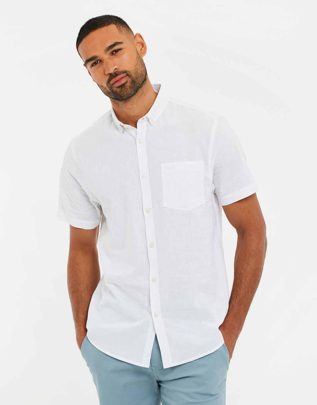 White Short Sleeve Linen Blend Shirt