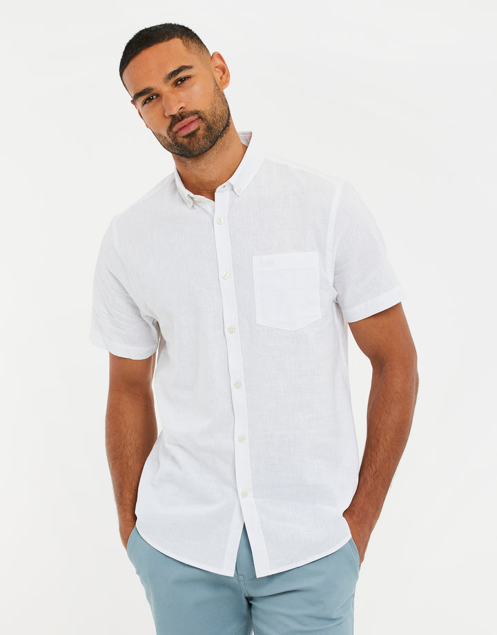 White Short Sleeve Linen Blend Shirt