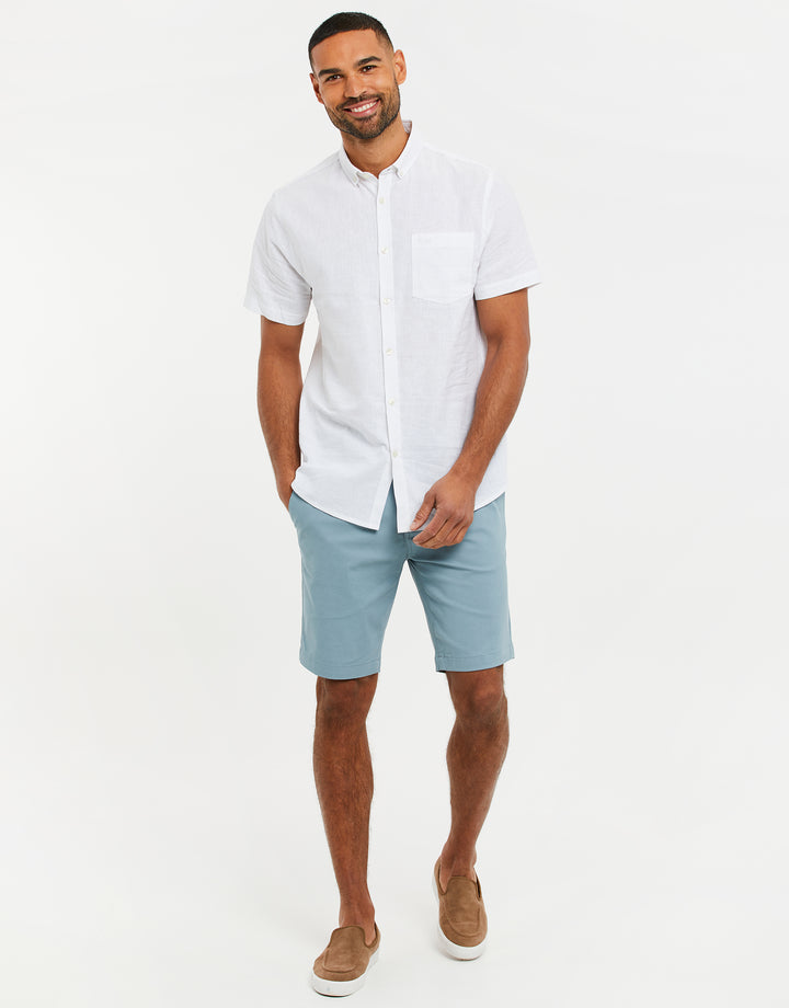 White Short Sleeve Linen Blend Shirt