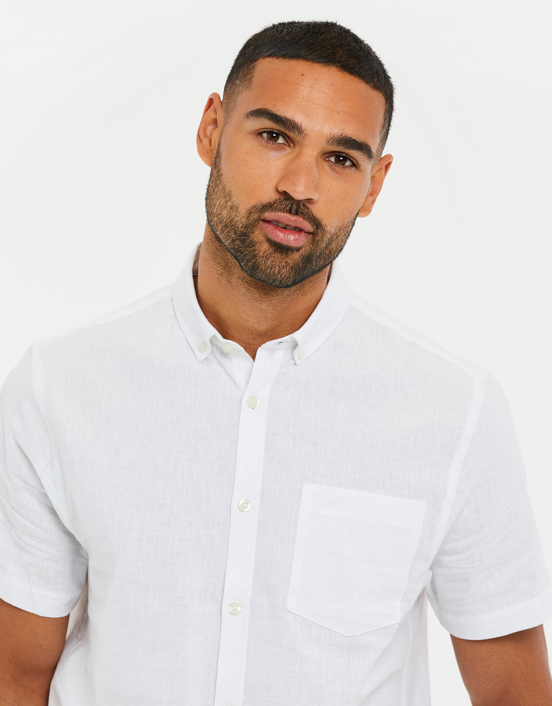 White Short Sleeve Linen Blend Shirt