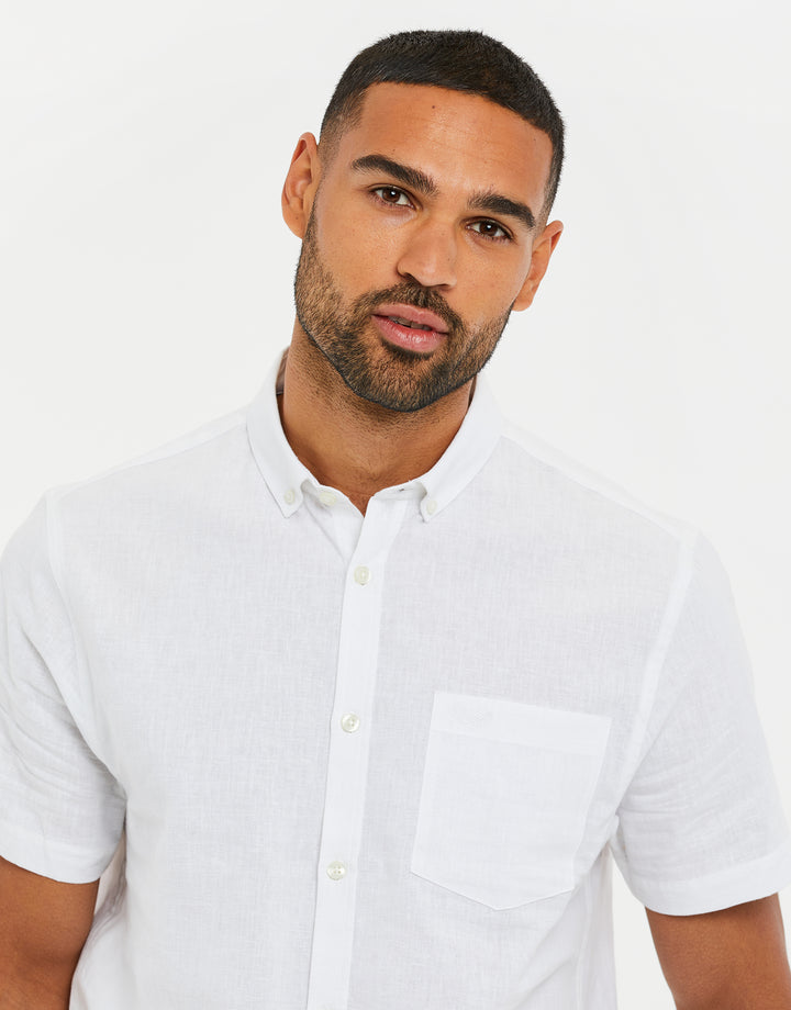 White Short Sleeve Linen Blend Shirt